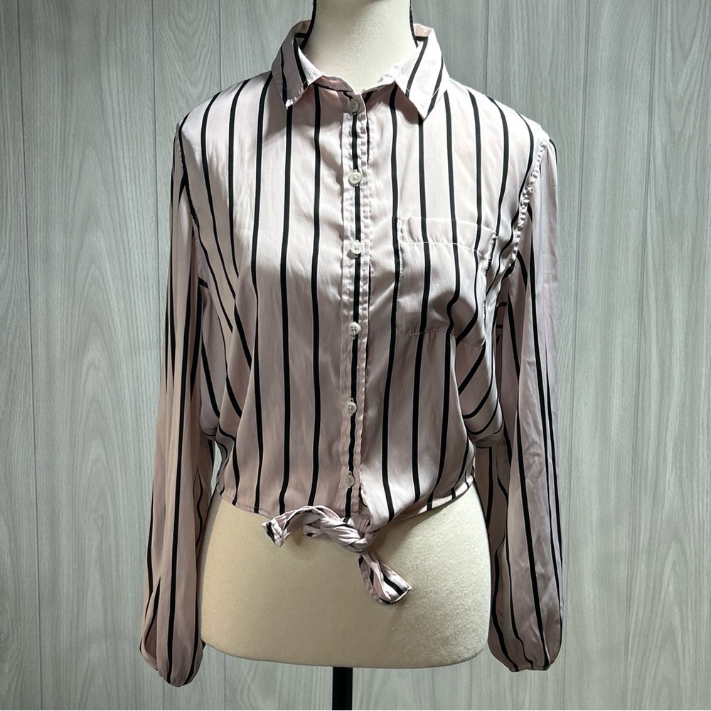 American Eagle Button Front Striped Long Sleeve Top Tie Front (XS) Black & Pink